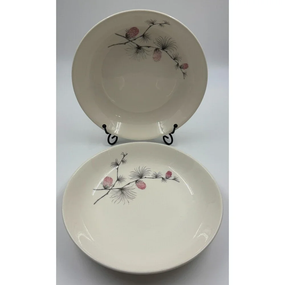 Set of 2 Vintage Skyline Canonsburg Pottery Pink Pine Cones Soup Bowls